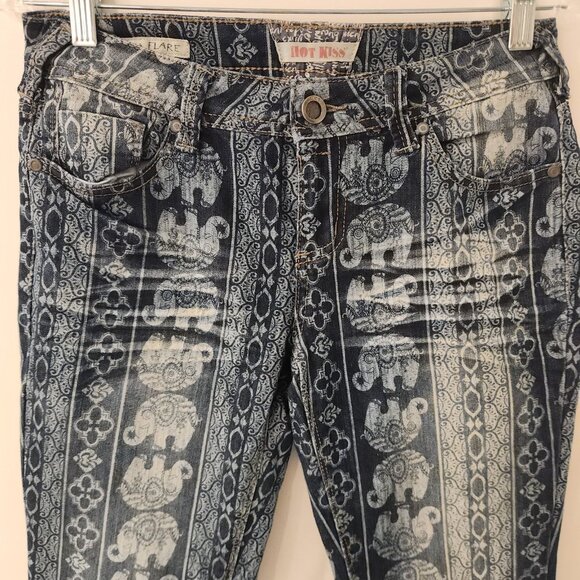 Hot Kiss Nina Flare Jeans Boho Hippie Mantra Disco Elephant Print Stretch Sz 7 - Picture 9 of 16